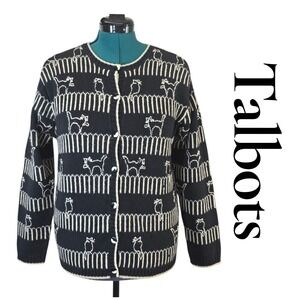 Talbots Cat Cardigan Womens Medium Black Cotton Wool Blend Novelty Knit Vintage